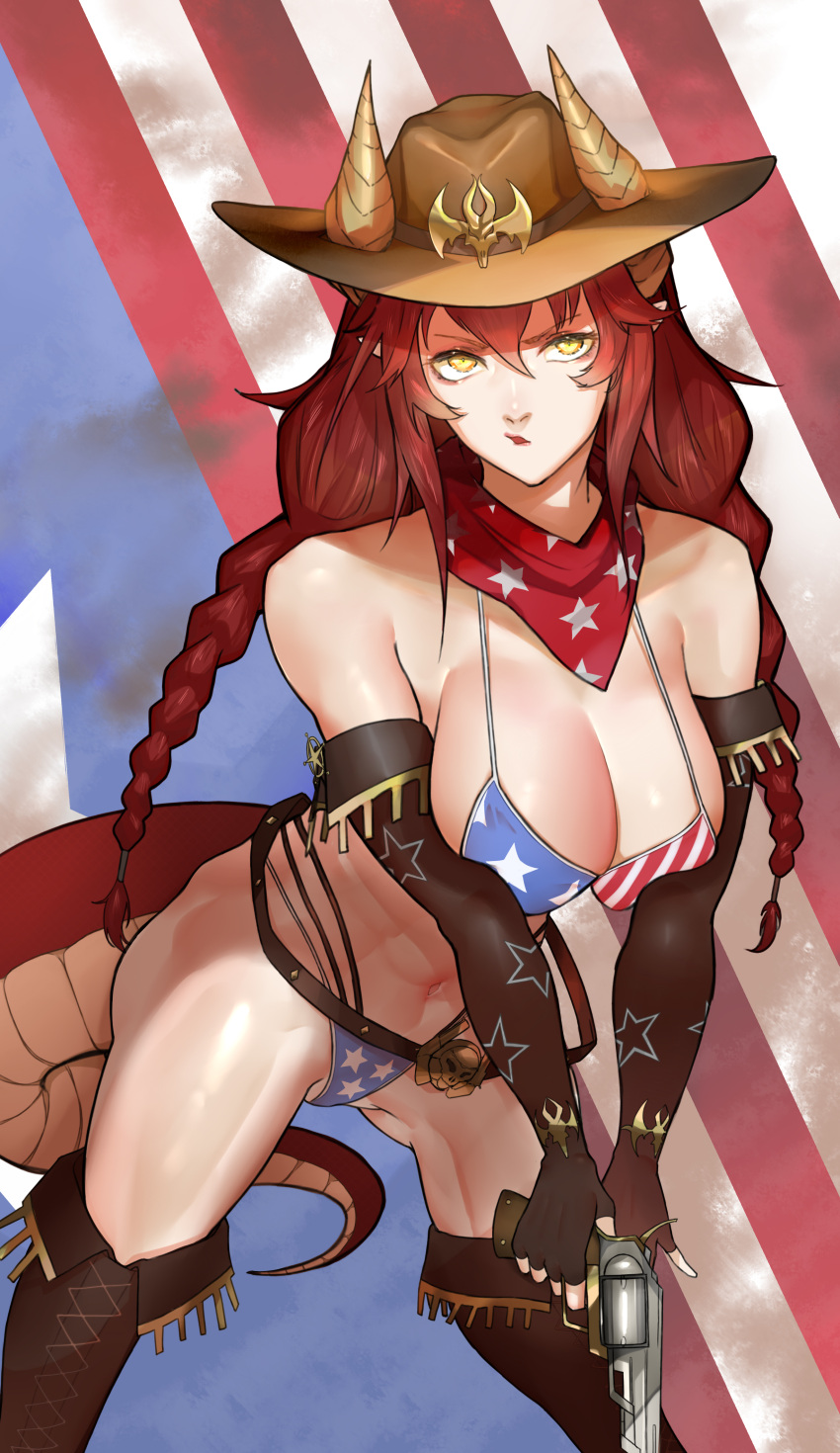 1girl absurdres american_flag american_flag_bikini bikini blue_background blue_bikini boots braid breasts brown_footwear brown_gloves brown_headwear cleavage cowboy cowboy_boots cowboy_hat cowboy_western dragon_girl dragon_horns dragon_tail elbow_gloves fingerless_gloves flag_print gloves gun hat highres holding holding_gun holding_weapon horns large_breasts long_hair looking_at_viewer red_background red_bikini red_hair red_scarf scarf sleeplessrhythm swimsuit tail twin_braids two-tone_background two-tone_bikini virtual_youtuber vshojo weapon yellow_eyes zentreya_(vtuber) zentreya_(vtuber)_(cowboy_bikini) zentreya_(vtuber)_(dragon)