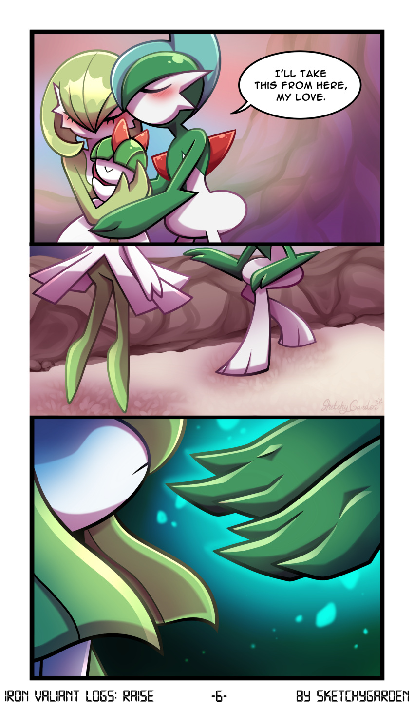 absurd_res blush cave comic embrace female gallade gardevoir generation_3_pokemon generation_4_pokemon glowing grace_(gardevoir) group hi_res hug humanoid joy_(ralts) kirlia kissing light male nintendo noble_(gallade) pokemon pokemon_(species) ralts reaching reaching_out rock serenity_(kirlia) shadow sketchygarden text