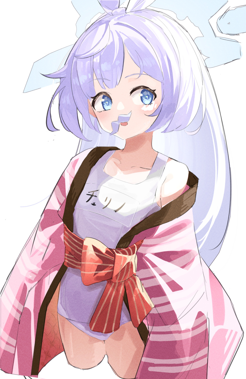 1girl :o bare_legs bath_yukata blue_archive blue_eyes blunt_bangs bow character_name cherino_(blue_archive) cherino_(hot_spring)_(blue_archive) clothes_writing collarbone cropped_legs fake_facial_hair fake_mustache flat_chest hair_bow halo highres japanese_clothes kimono light_blush long_hair name_tag official_alternate_costume old_school_swimsuit one-piece_swimsuit open_clothes open_kimono open_mouth school_swimsuit simple_background sleeveless solo standing straight_hair swimsuit swimsuit_under_clothes tatara_(alnath_may) white_background white_bow white_hair yukata