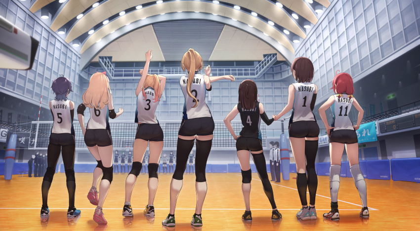 6+girls absurdres ahoge ass black_socks black_thighhighs blonde_hair blue_hair brown_hair clothes_writing gym_shorts highres indoors jersey knee_pads long_hair multiple_girls original pantylines ponytail red_hair shirt shoes short_hair shorts sleeveless sleeveless_shirt sneakers socks sportswear stretching thighhighs twintails vegetablenabe volleyball_net volleyball_uniform white_socks