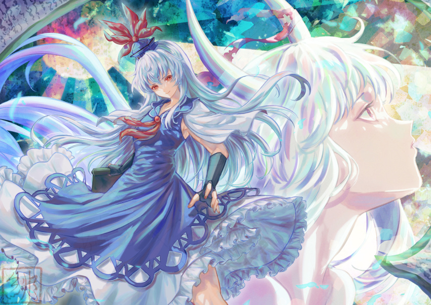 1girl adapted_costume black_gloves blue_dress blue_hair blue_headwear capelet closed_mouth collared_dress commentary_request dress ex-keine feet_out_of_frame fingerless_gloves gloves head_tilt holding holding_scroll horns kaibara_akehiko kamishirasawa_keine light_blue_hair long_hair neckerchief petticoat projected_inset red_eyes red_neckerchief scroll sleeveless sleeveless_dress smile touhou white_capelet white_hair