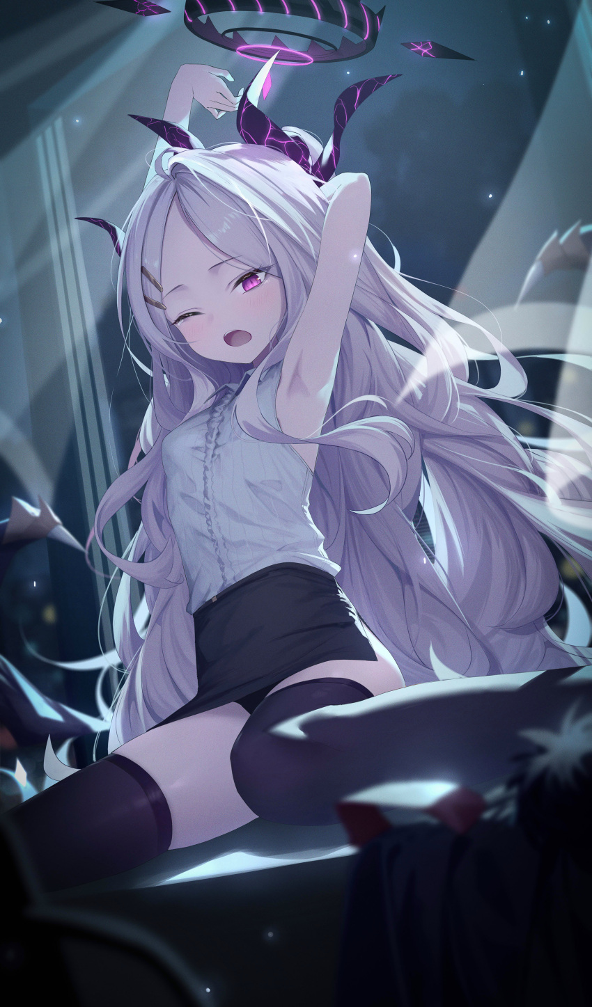 1girl absurdres arm_behind_head armpits arms_up black_skirt black_thighhighs blue_archive commentary demon_horns halo highres hina_(blue_archive) horns long_hair looking_at_viewer miniskirt multiple_horns one_eye_closed open_mouth pencil_skirt purple_eyes roi_(liu_tian) shirt shirt_tucked_in side_slit sitting skirt sleeveless sleeveless_shirt solo thighhighs very_long_hair wariza white_hair white_shirt yawning