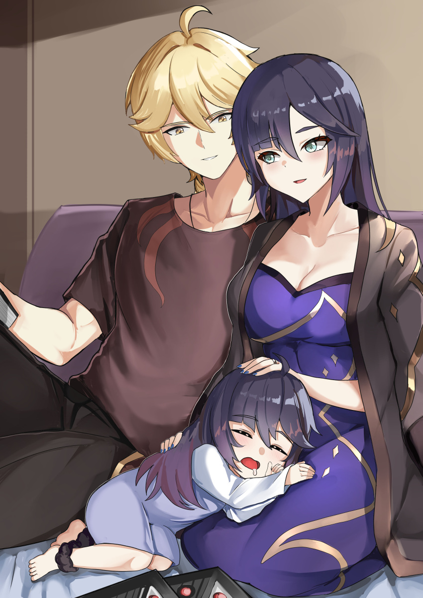 1boy 2girls absurdres aether_(genshin_impact) aged_up ahoge black_hair black_pants blonde_hair blue_dress blue_nails blue_pajamas breasts brown_shirt cleavage closed_eyes commentary dress drooling family female_child genshin_impact green_eyes hair_down highres if_they_mated jacket jacket_on_shoulders lap_pillow long_hair looking_at_another lying lying_on_lap medium_breasts mona_(genshin_impact) multiple_girls on_side open_mouth pajamas pants purple_dress saliva shirt sitting sleeping tian_kazuki yellow_eyes