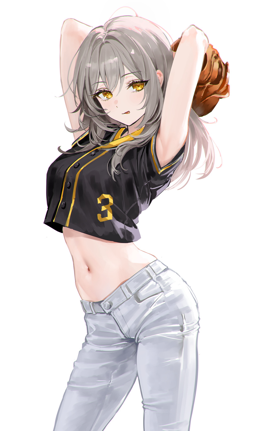 1girl :p absurdres alternate_costume baseball_jersey baseball_mitt blush breasts casual commentary contemporary crop_top grey_hair hair_between_eyes highres holding honkai:_star_rail honkai_(series) looking_at_viewer medium_hair midriff navel rity shirt simple_background sleeveless solo stelle_(honkai:_star_rail) stomach tongue tongue_out trailblazer_(honkai:_star_rail) white_background