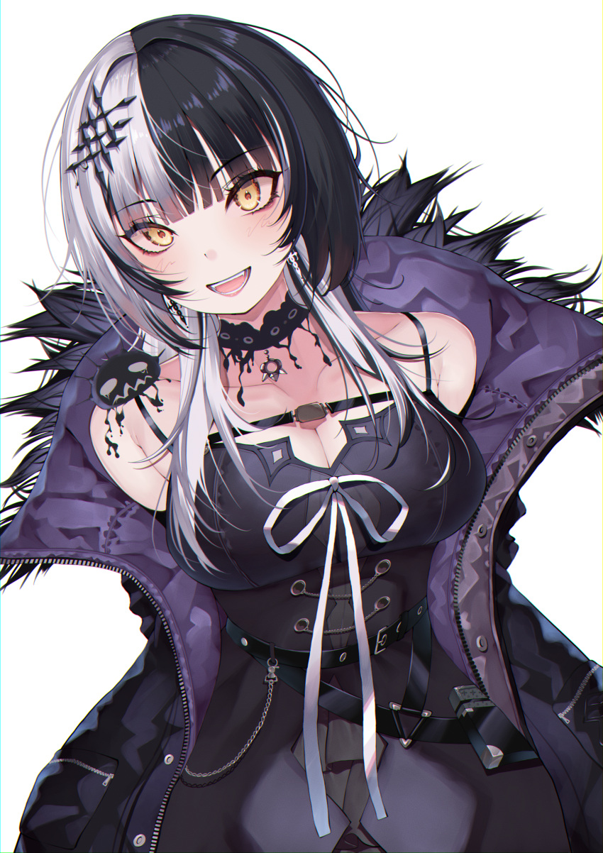 1girl absurdres bare_shoulders black_choker black_coat black_dress black_hair black_nails breasts choker cleavage coat commentary dress fur-trimmed_coat fur_trim hair_ornament highres himeliofon hololive hololive_english jacket lace lace_choker large_breasts long_hair looking_at_viewer multicolored_hair shiori_novella sleeveless sleeveless_dress smile solo split-color_hair teeth two-tone_hair upper_teeth_only virtual_youtuber white_hair yellow_eyes yorick_(shiori_novella)