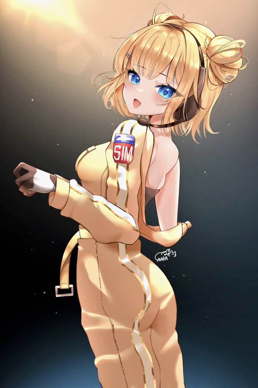 1girl absurdres black_tube_top blonde_hair blue_eyes blush breasts double_bun hair_bun headphones highres hololive hololive_english looking_at_viewer maka_aratame medium_breasts medium_hair official_alternate_costume open_mouth sideboob smile solo spacesuit strapless suit tube_top virtual_youtuber watson_amelia watson_amelia_(astronaut) yellow_suit