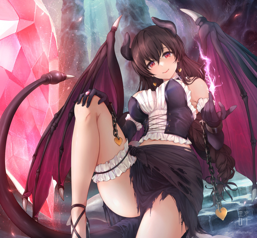 1girl black_hair braid breasts character_request corset cuffs dangle_earrings demon_girl demon_horns demon_tail demon_wings earrings foley_anden heart heart_earrings highres horns jewelry large_breasts long_hair looking_at_viewer magic midriff_peek seikishi_ricca_no_monogatari skirt smile solo tail thigh_strap torn_clothes torn_skirt wings