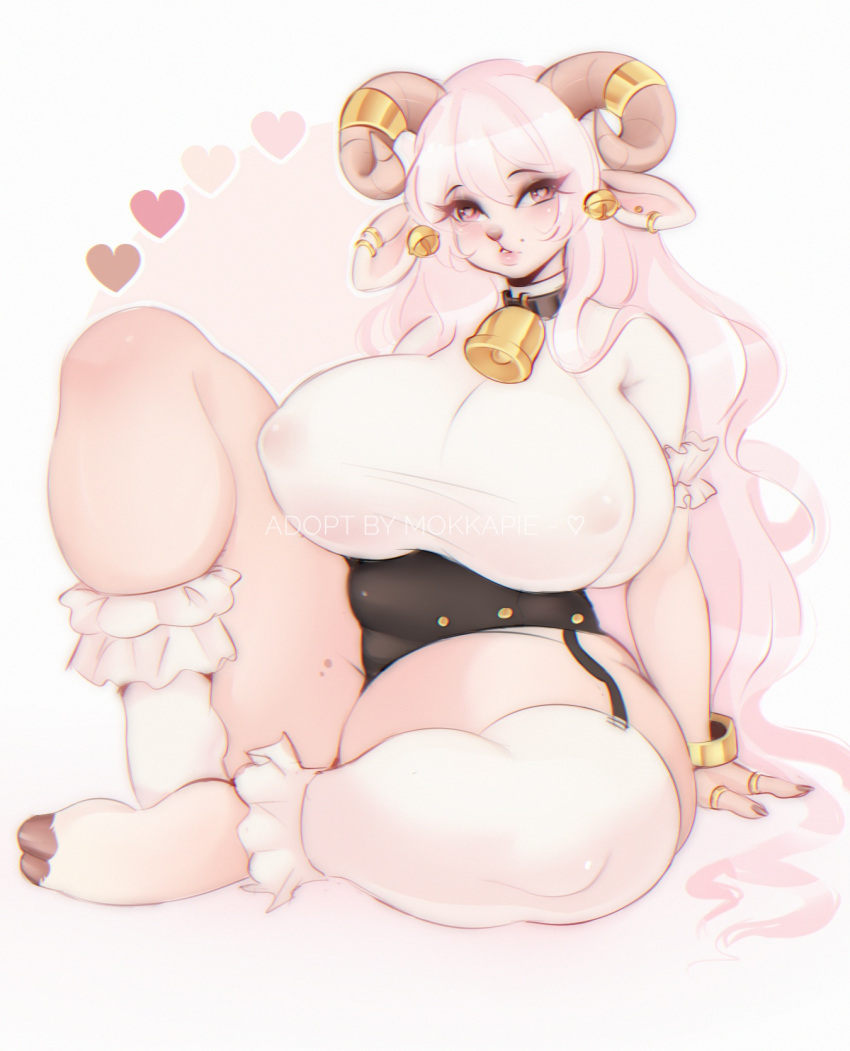 &lt;3 anthro beauty_mark bell big_breasts blush bovid bracelet breasts caprine clothing cloven_hooves collar ear_piercing eyelashes eyeshadow female frilly frilly_clothing garter_straps hair hi_res hooves jewelry legwear long_hair makeup mammal mokkapie nipple_outline piercing reclining_pose sheep slightly_chubby solo thick_thighs white_hair