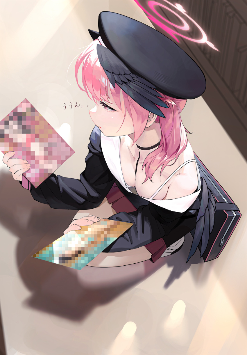 1girl absurdres bag beret black_choker black_headwear black_shirt black_wings blue_archive book breasts censored choker closed_mouth collarbone halo hat head_wings highres holding holding_book koharu_(blue_archive) long_hair long_sleeves manga_(object) medium_breasts midfinger mosaic_censoring pink_eyes pink_hair pink_halo pleated_skirt red_skirt shirt skirt solo squatting twintails wings