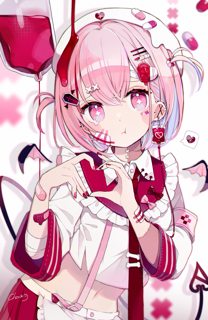 +_+ 1girl bandages bandaid bandaid_on_arm blood blood_bag chon_(chon33v) commentary_request demon_tail demon_wings ear_piercing gauze_on_cheek hair_ornament heart heart_hands highres looking_at_viewer midriff navel necktie original piercing pink_armband pink_eyes pink_hair red_necktie tail wings