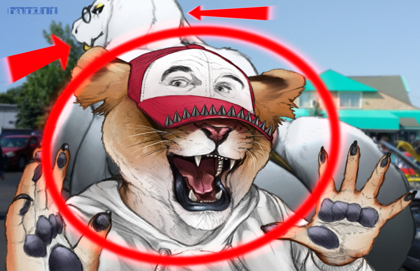 absurd_res anthro band1t_(band1tnsfw) band1tnsfw baseball_cap brown_body claws clothing covered_eyes duo felid female hat headgear headwear hi_res hidden_eyes hoodie lion looking_at_another looking_at_viewer looking_back looking_back_at_another looking_back_at_partner male mammal meme meme_clothing mr_beast_(meme) pantherine pawpads portrait red_arrow red_circle red_clothing red_hat red_headwear smile spiked_hat spikes tan_body topwear toriel undertale_(series) white_body