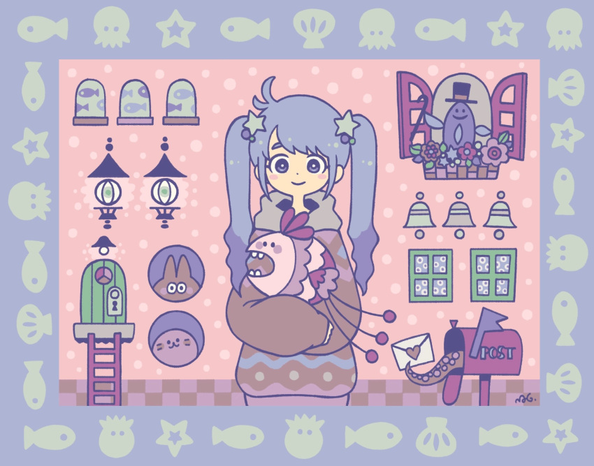 1girl bell bright_pupils cane creature door flower garouma grey_eyes grey_hair hair_ornament hat highres ladder lantern letter long_hair mailbox_(incoming_mail) original purple_flower solo star_(symbol) suction_cups tentacles top_hat upper_body white_pupils