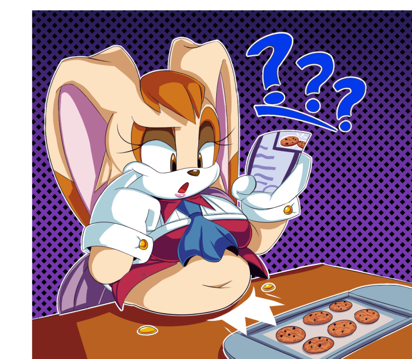 anthro baking baking_tray belly_on_table brown_nose cookie countershading female food fur hair head_tuft holding_object lagomorph leporid long_ears mammal navel orange_hair overweight overweight_anthro overweight_female question_mark rabbit recipe sega solo sonic_the_hedgehog_(series) speedsmygame1 tan_body tan_fur tuft vanilla_the_rabbit white_body white_countershading white_fur