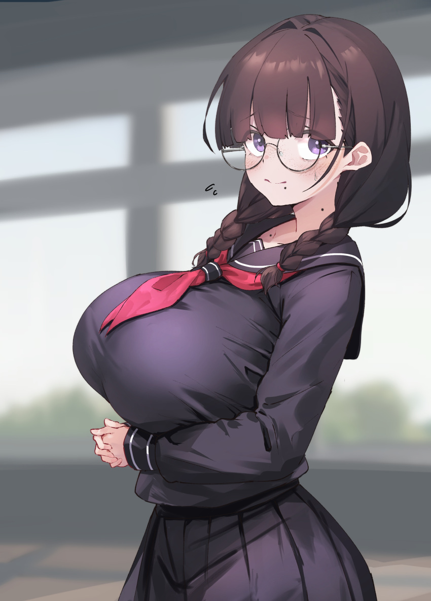 1girl 96nokimihito absurdres black-framed_eyewear black_serafuku blunt_bangs blurry blurry_background blush braid breasts brown_hair flying_sweatdrops glasses hair_intakes highres huge_breasts interlocked_fingers long_sleeves mole mole_on_collarbone mole_on_neck mole_under_mouth neckerchief original own_hands_together pleated_skirt purple_eyes red_neckerchief round_eyewear school_uniform serafuku skirt smile solo sweatdrop twin_braids