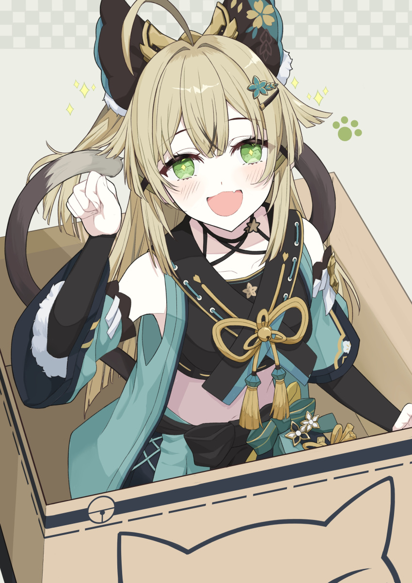 1girl :d absurdres ahoge animal_ears black_tank_top blonde_hair blush box cardboard_box carton cat_ears cat_tail checkered_background collarbone commentary_request detached_sleeves dot_nose double-parted_bangs fang genshin_impact green_eyes hair_ornament hairclip highres in_box in_container kake_udon kirara_(genshin_impact) long_hair looking_at_viewer multiple_tails nekomata open_mouth paw_pose paw_print sidelocks skin_fang smile solo sparkle sparkling_eyes tail tank_top two_tails