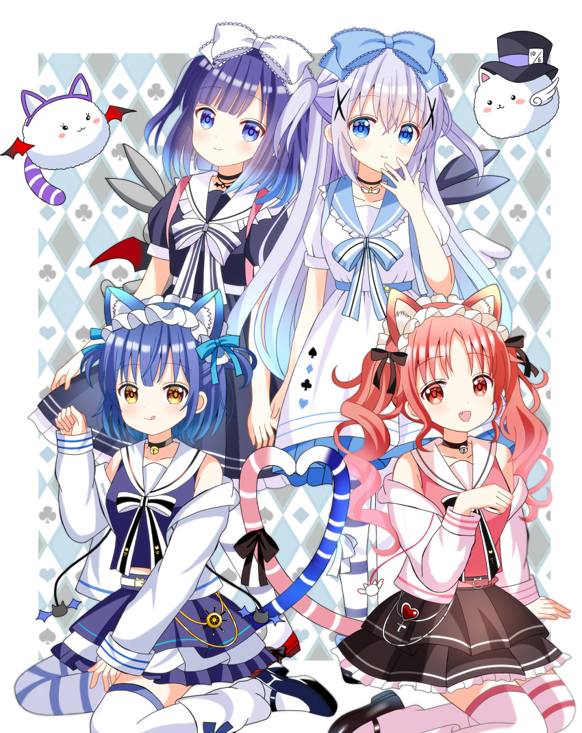 4girls absurdres blue_eyes blue_hair cat_girl dress frilled_dress frills fuiba_fuyu gochuumon_wa_usagi_desu_ka? highres jacket jouga_maya kafuu_chino long_hair multiple_girls natsu_megumi open_clothes open_jacket red_eyes red_hair ryoutan short_hair thighhighs tippy_(gochiusa) white_thighhighs yellow_eyes