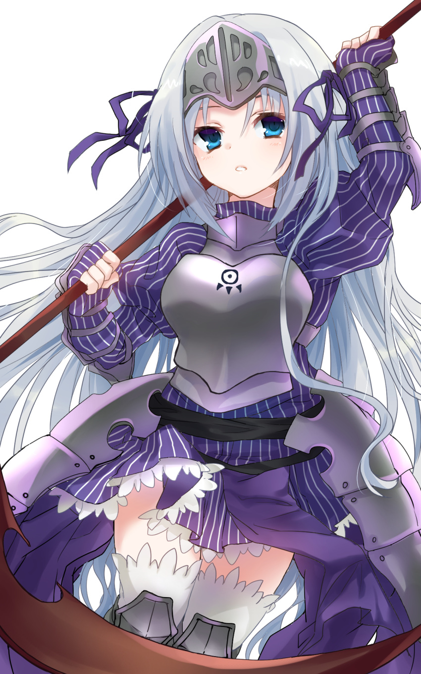 1girl armor armored_dress blue_eyes breastplate commentary_request dress eucliwood_hellscythe faulds fingerless_gloves floating_hair gloves grey_hair hair_between_eyes hair_ribbon headgear highres holding holding_scythe kore_wa_zombie_desu_ka? long_hair looking_at_viewer parted_lips poppu purple_dress purple_gloves purple_ribbon ribbon scythe short_dress simple_background solo striped striped_dress striped_gloves thighhighs vertical-striped_dress vertical-striped_gloves vertical_stripes very_long_hair white_background white_thighhighs