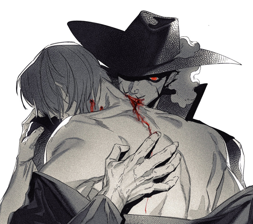 2boys alternate_eye_color back biting blood blood_from_mouth blood_on_face couple dracule_mihawk fangs from_behind glowing glowing_eye greyscale hand_on_another's_back head_on_another's_shoulder head_rest highres looking_at_viewer male_focus monochrome multiple_boys neck_biting one_piece red_eyes shanks_(one_piece) short_hair spot_color toned toned_male upper_body vampire veins veiny_hands yaoi yji59128254
