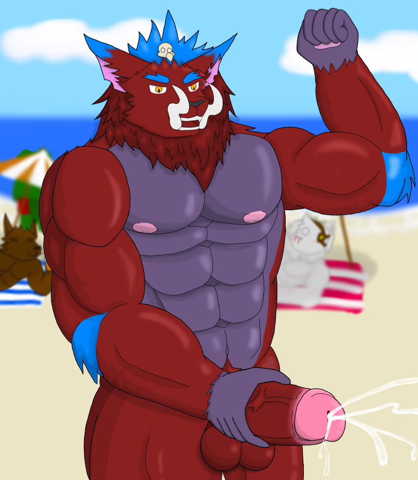 absurd_res anthro balls beach big_balls big_penis blush bodily_fluids bone clothing cum dragon_reany erection fangs fur genital_fluids genitals gnar_(lol) grin hair headgear headwear hi_res humanoid_genitalia humanoid_penis league_of_legends male mega_gnar_(lol) muscular muscular_male navel neck_tuft nipples nude penis posed pubes red_body red_fur riot_games seaside skull smile solo teeth tongue tuft vein vein_penis yordle