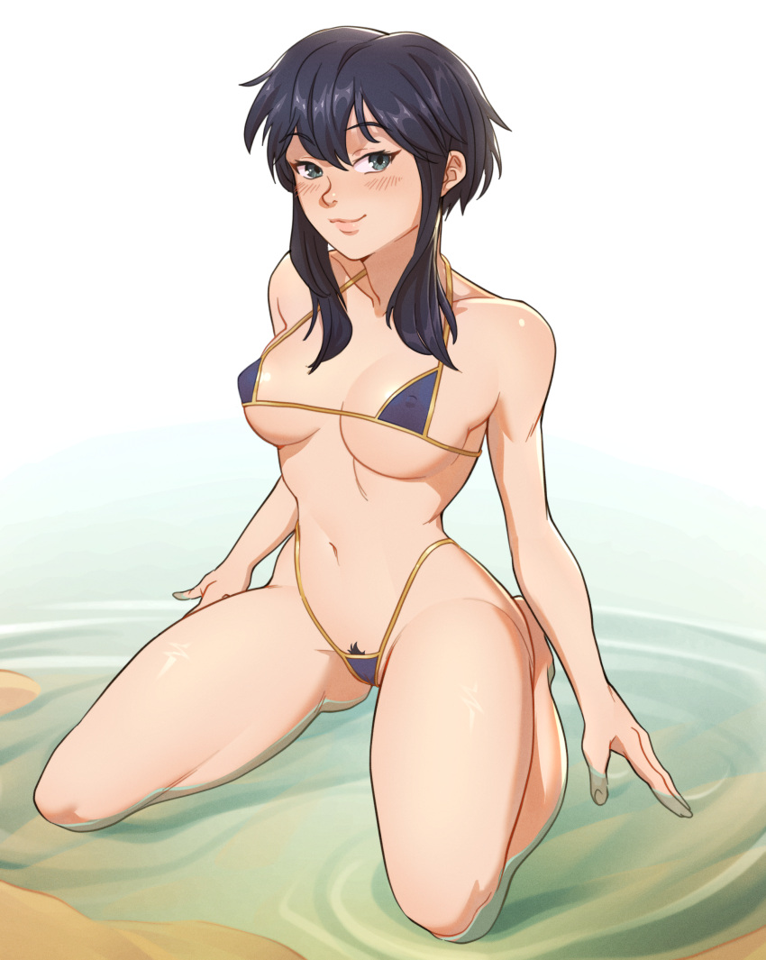 1girl absurdres bad_source beach bikini black_hair black_pubic_hair blush breasts commission commissioner_upload covered_nipples female_pubic_hair fire_emblem fire_emblem:_genealogy_of_the_holy_war gintsu highleg highleg_bikini highres larcei_(fire_emblem) looking_at_viewer micro_bikini navel partially_submerged pubic_hair pubic_hair_peek seiza short_hair sitting smile solo swimsuit tomboy water