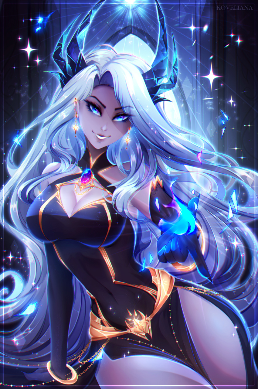 absurd_res animal_humanoid armwear blue_eyes blue_hair blue_theme bracelet breasts cleavage clothed clothing dark_body dark_skin dragon dragon_humanoid dress ear_piercing elbow_gloves eris_(koveliana) gloves hair handwear hi_res horn humanoid jewelry koveliana long_hair looking_at_viewer piercing smile sparkles