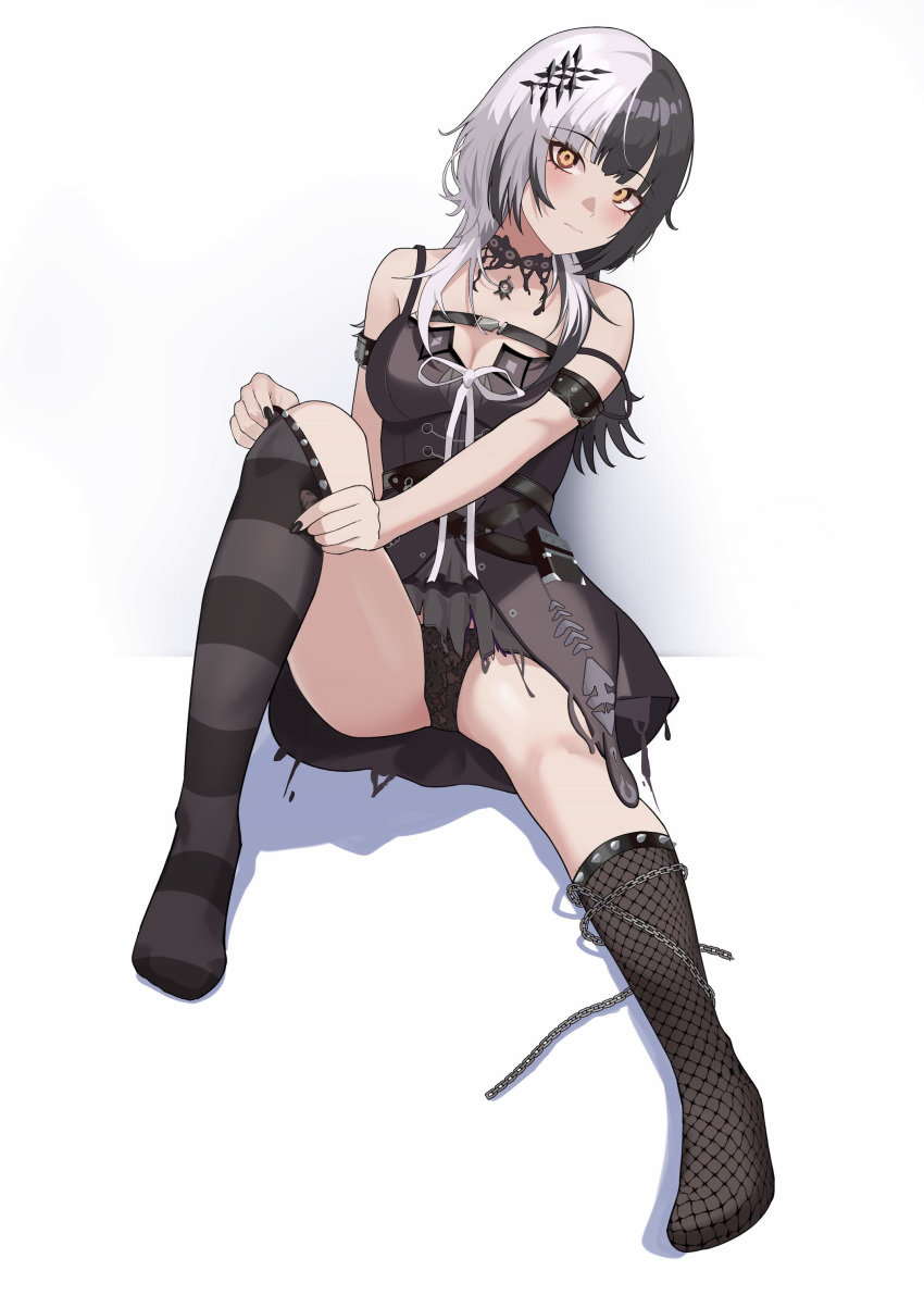 1girl absurdres adjusting_clothes adjusting_legwear arm_strap asymmetrical_legwear bare_shoulders black_choker black_dress black_hair black_nails black_panties blush breasts chain chest_belt choker cleavage dress feet fishnet_socks fishnets full_body grey_hair hair_ornament head_tilt highres hololive hololive_english knee_up looking_at_viewer mismatched_legwear multicolored_hair nail_polish off_shoulder panties pantyshot shift_(shiftillust) shiori_novella sitting socks solo split-color_hair strap_slip striped striped_socks thighs two-tone_hair underwear virtual_youtuber white_background yellow_eyes