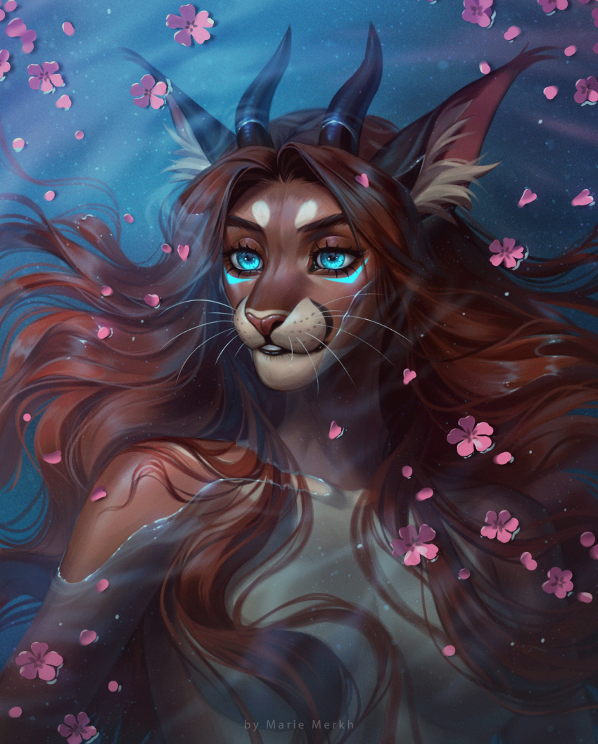 absurd_res anthro blue_eyes brown_body brown_fur brown_hair brown_horn brown_nose eyelashes felid female flower front_view fur glistening glistening_eyes hair hi_res horn inner_ear_fluff long_hair mammal marie_merkh nude partially_submerged pink_flower plant solo tan_body tan_fur tan_inner_ear_fluff tuft water whiskers