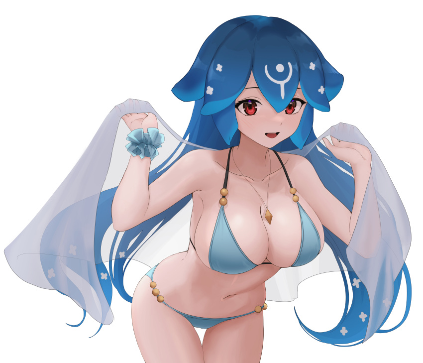 1girl :d absurdres bao_(vtuber) bikini blue_bikini blue_hair breasts cleavage commission flower gwan-e hair_flower hair_ornament highres indie_virtual_youtuber jewelry large_breasts leaning_forward long_hair navel open_mouth pendant red_eyes scrunchie see-through_shawl shawl smile solo stomach swimsuit thighs transparent_background very_long_hair virtual_youtuber whale_girl wrist_scrunchie