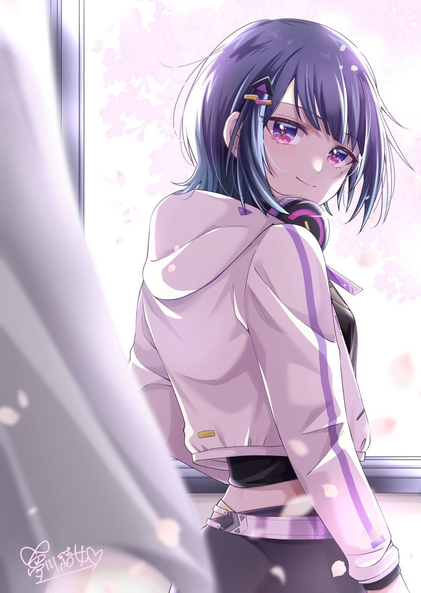 1girl bangs black_shirt blunt_bangs cherry_blossoms commentary crop_top cropped_hoodie curtains falling_petals grey_hair grey_pants hair_ornament hairclip headphones highres hood hoodie indoors koshimizu_toru long_sleeves looking_at_viewer looking_back nijisanji open_clothes open_hoodie open_window pants petals shirt short_hair sidelocks signature solo standing triangle_hair_ornament virtual_youtuber white_hoodie window yume_kawa_yume