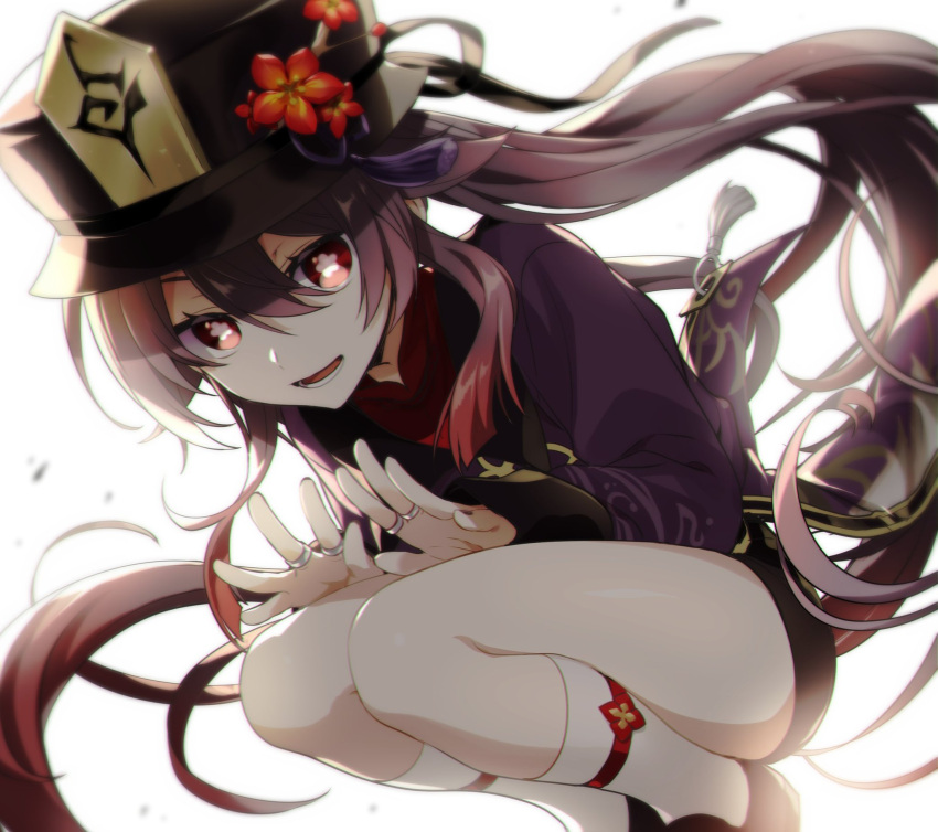 1girl black_headwear black_shorts brown_hair feet_out_of_frame flower flower-shaped_pupils genshin_impact gradient_hair hands_on_own_thighs hat hat_flower highres hu_tao_(genshin_impact) jewelry kneehighs leaning_forward long_hair long_sleeves looking_at_viewer lower_teeth_only memeno multicolored_hair multiple_rings open_mouth purple_shirt red_eyes red_hair red_shirt ring shirt short_shorts shorts sidelocks socks solo squatting star_(symbol) symbol-shaped_pupils teeth twintails undershirt very_long_hair white_socks