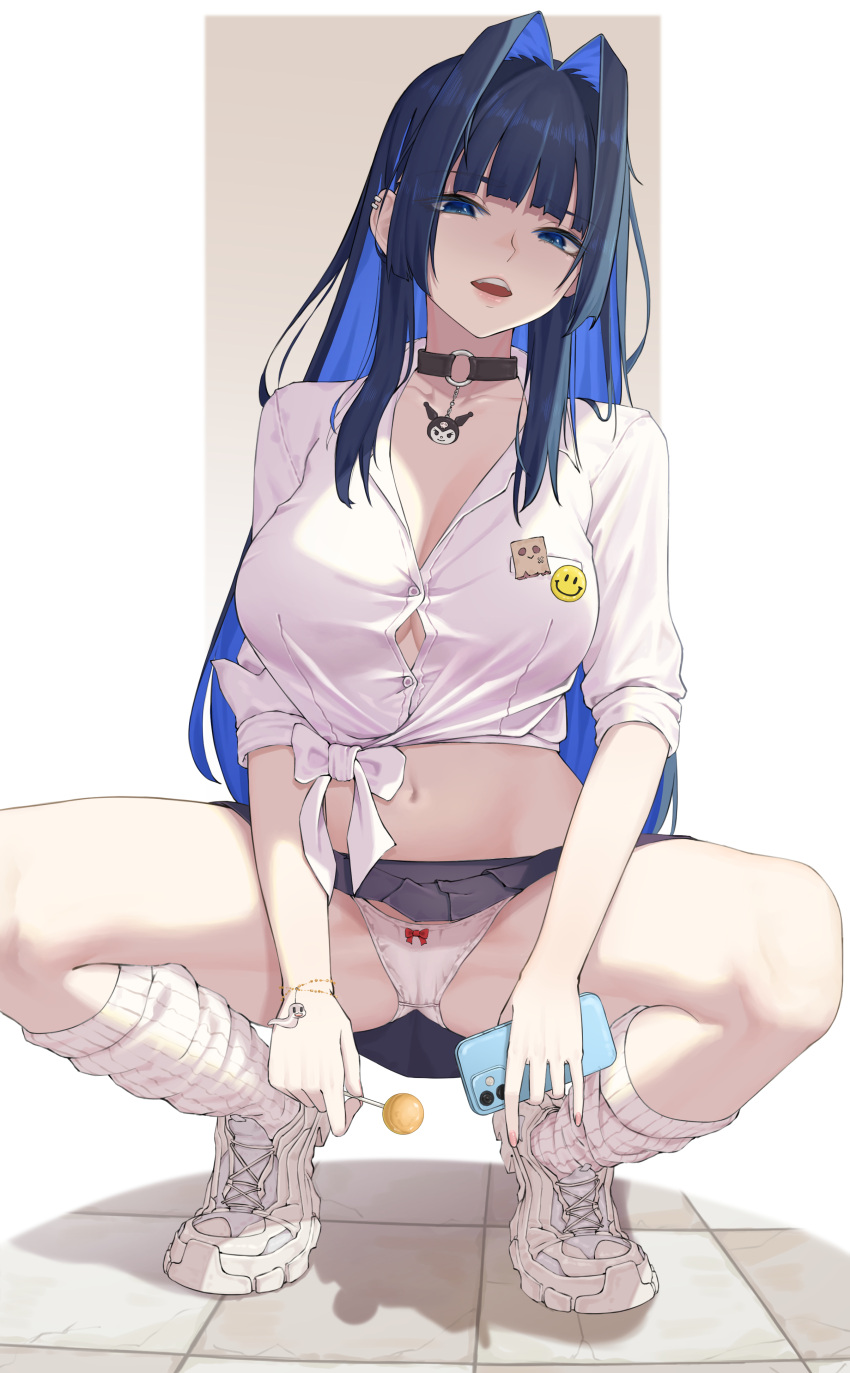 1girl absurdres bangom_r black_hair black_skirt blue_hair boros_(ouro_kronii) breasts cameltoe candy cellphone cleavage collar ear_piercing earrings food friend_(nanashi_mumei) groin gyaru hair_intakes hair_over_shoulder highres holding holding_candy holding_food holding_lollipop holocouncil hololive hololive_english jewelry kneehighs kogal large_breasts lollipop long_hair looking_at_viewer loose_socks midriff navel official_alternate_hairstyle open_mouth ouro_kronii panties phone piercing pin pink_nails red_ribbon ribbon shirt simple_background skirt smartphone smiley_face socks solo spread_legs squatting thighs tied_shirt underwear virtual_youtuber white_panties white_shirt