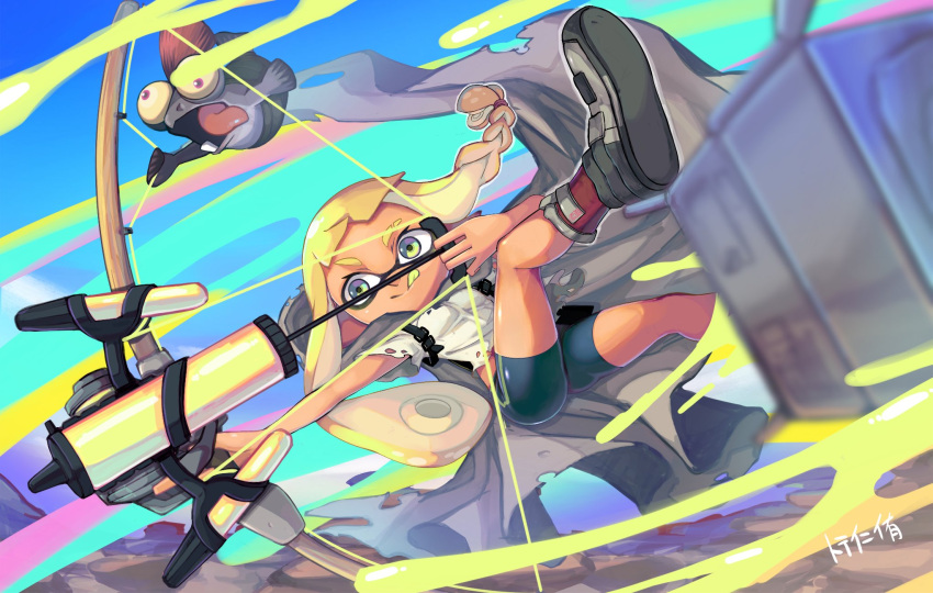 1girl :q bike_shorts black_footwear black_shorts blonde_hair bow_(weapon) braid domino_mask green_eyes highres inkling inkling_girl jumping kneepits legs legs_up long_hair mask minamidena pointy_ears shirt shoes short_sleeves shorts smile splatoon_(series) splatoon_3 suction_cups tentacle_hair thighs tongue tongue_out tri-stringer_(splatoon) weapon white_shirt