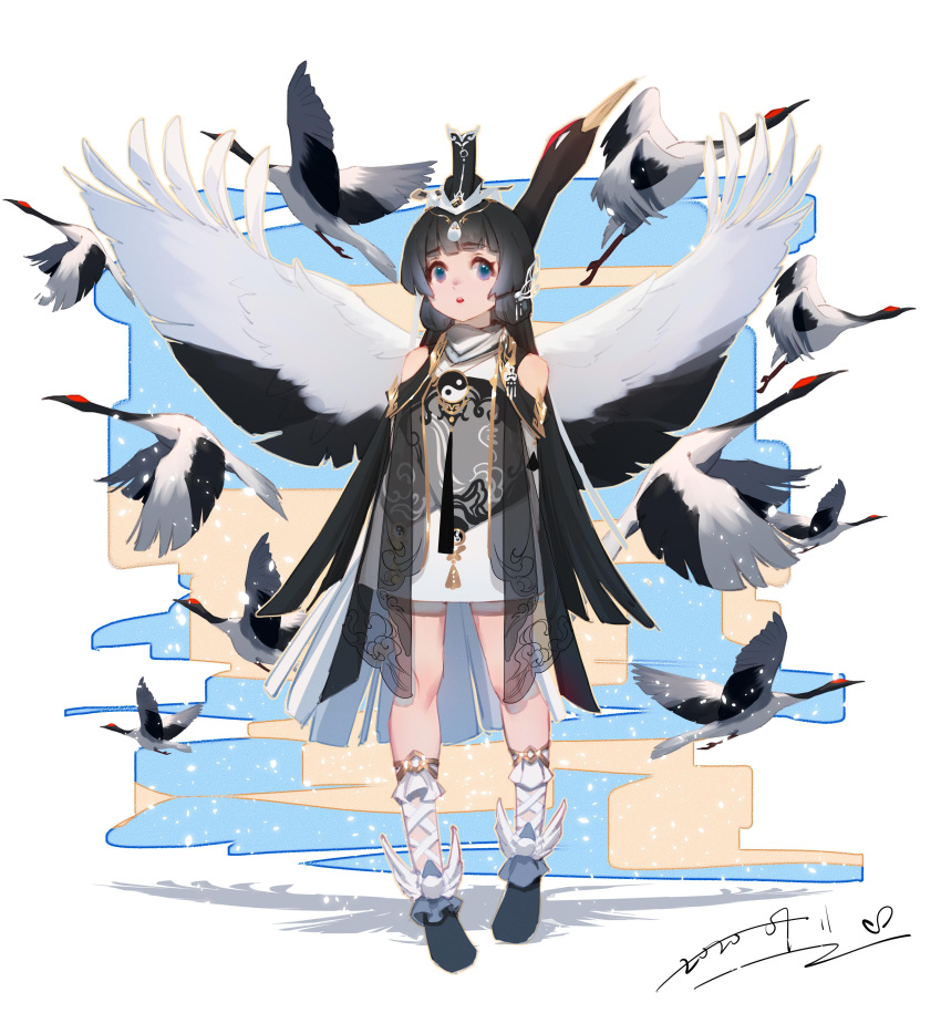 1girl :o absurdres ankle_ribbon arms_behind_back bare_shoulders bird bird_wings black_footwear blonde_hair blue_background blue_eyes blunt_bangs border chinese_clothes clothing_cutout crane_(animal) dress full_body grey_dress hair_ornament highres jianxia_qingyuan_(series) jianxia_qingyuan_online_3 leg_ribbon long_hair looking_up outside_border ribbon shoulder_cutout signature solo two-tone_background very_long_hair white_border wings yellow_background yi_er_san yin_yang yin_yang_print