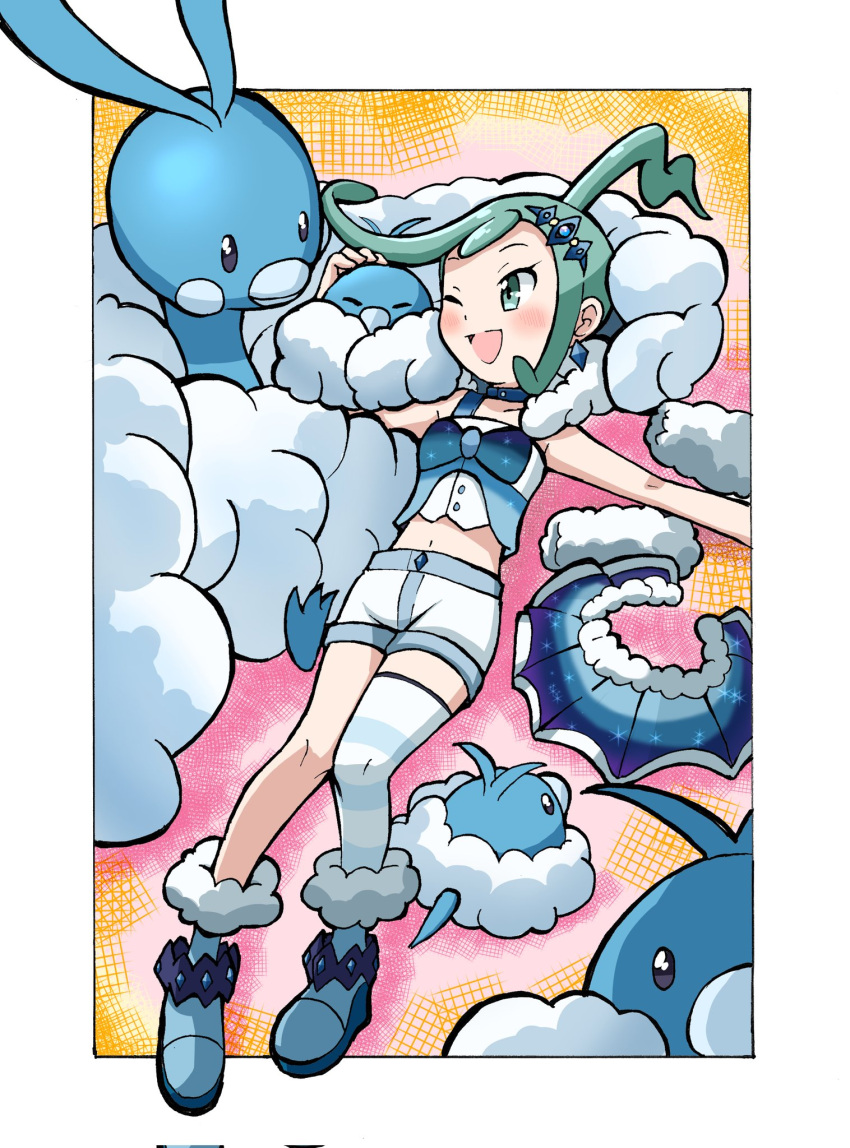 1girl ;d altaria border earrings emapippi full_body green_eyes green_hair hair_ornament highres jewelry lisia_(pokemon) lying midriff navel on_back one_eye_closed outside_border pokemon pokemon_(creature) pokemon_(game) pokemon_oras shorts single_thighhigh skirt skirt_removed smile striped striped_thighhighs swablu thighhighs white_border white_shorts