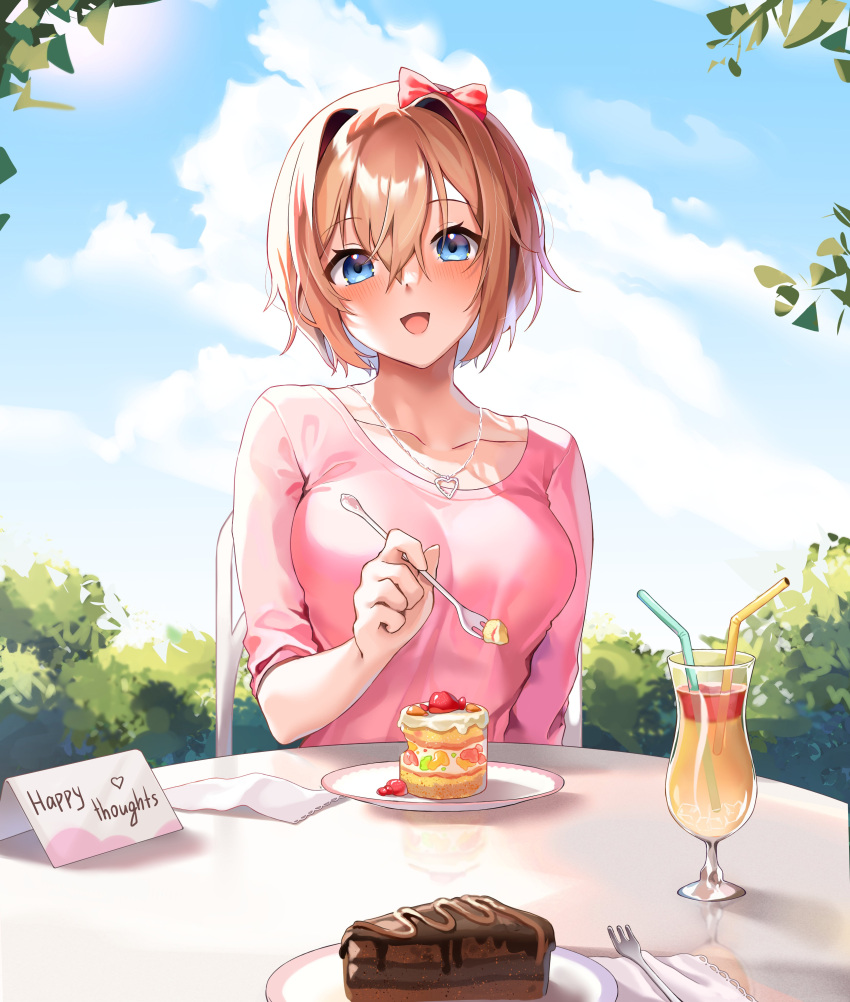 1girl absurdres blue_eyes blush bow breasts bush cake cake_slice chocolate_cake cloud collarbone commission cup doki_doki_literature_club drinking_glass drinking_straw foliage food fork hair_between_eyes hair_bow hair_ornament highres holding holding_fork jewelry large_breasts leaf long_bangs long_sleeves looking_at_viewer machulanko necklace open_mouth orange_hair paper pink_shirt plate red_bow sayori_(doki_doki_literature_club) shirt short_hair sitting sleeves_rolled_up smile solo table