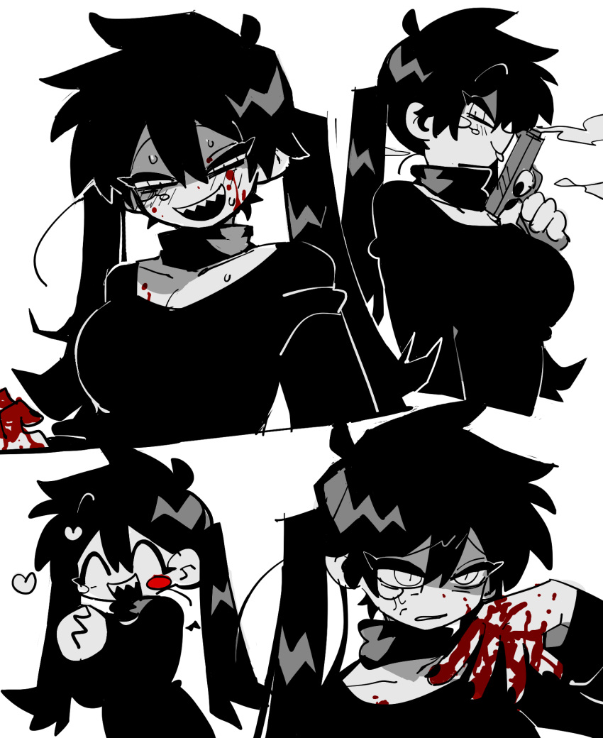 1girl anger_vein black_hair black_sweater blood blood_on_face blood_on_hands blush breasts closed_eyes dark_konoha genderswap genderswap_(mtf) gun half-closed_eyes highres holding holding_gun holding_weapon kagerou_project konoha_(kagerou_project) large_breasts long_hair long_sleeves looking_at_viewer multiple_views open_mouth shaded_face sharp_teeth simple_background smile smoke smoking_gun sweater teeth tongue tongue_out tonkatsu184 twintails weapon white_background