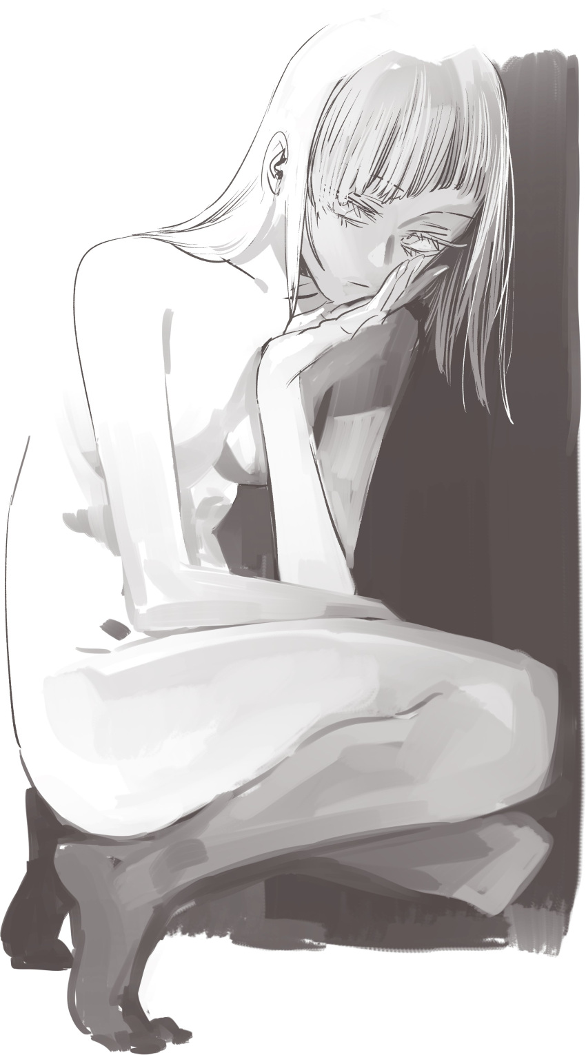 1girl absurdres arm_support completely_nude from_side full_body hand_on_own_chin hand_on_own_thigh highres ikuhana_niiro looking_at_viewer medium_hair monochrome nude original shadow sketch solo squatting