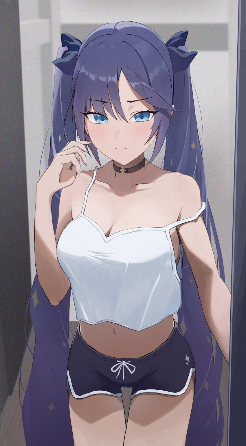 1girl absurdres alternate_eye_color black_choker black_shorts blue_eyes breasts camisole choker collarbone edible_sus genshin_impact highres long_hair looking_at_viewer medium_breasts midriff mona_(genshin_impact) navel purple_hair shorts solo strap_slip thighs twintails very_long_hair white_camisole