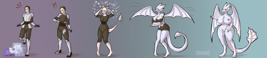 anthro armor big_breasts breast_growth breasts brown_hair clothed clothing colored dragon female gender_transformation genitals growth hair hi_res horn huge_breasts human lassnirra long_image male mammal mtf_transformation nipples nude personality_change pussy solo species_transformation surprised_expression tail tail_growth thick_thighs torn_clothing transformation white_body wide_image wing_growth wings