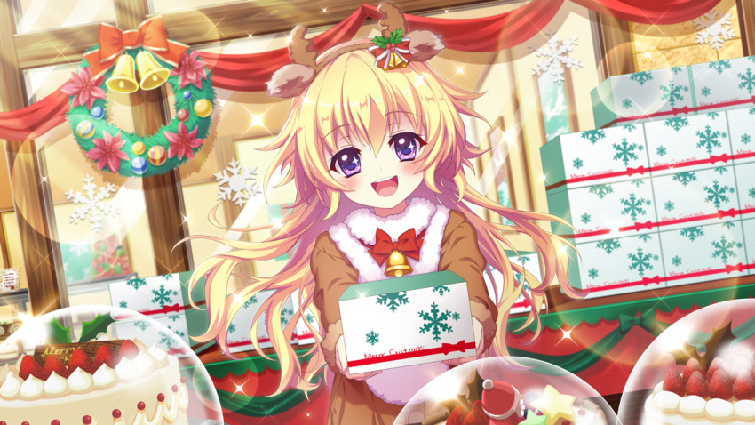 1girl animal_costume antlers bell blonde_hair blush bow bowtie brick_wall cake christmas_wreath dot_nose dutch_angle figure film_grain food game_cg hasegawa_mii hat incoming_gift izumi_tsubasu lens_flare long_hair long_sleeves looking_at_viewer merry_christmas non-web_source official_art open_mouth painting_(object) purple_eyes re:stage! red_bow red_bowtie reindeer_antlers reindeer_costume santa_hat smile snowflake_print solo sparkle sparkling_eyes star_(symbol) straight-on strawberry_cake teeth upper_teeth_only window wooden_beam wreath