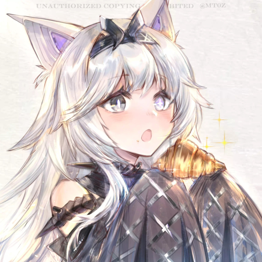 1girl animal_ears armlet bare_shoulders black_eyes black_hairband croissant cross-shaped_pupils detached_sleeves fake_animal_ears food grey_eyes grey_hair hairband heterochromia highres holding holding_food mt0z no.21_(punishing:_gray_raven) open_mouth punishing:_gray_raven sidelocks sleeves_past_fingers sleeves_past_wrists symbol-shaped_pupils