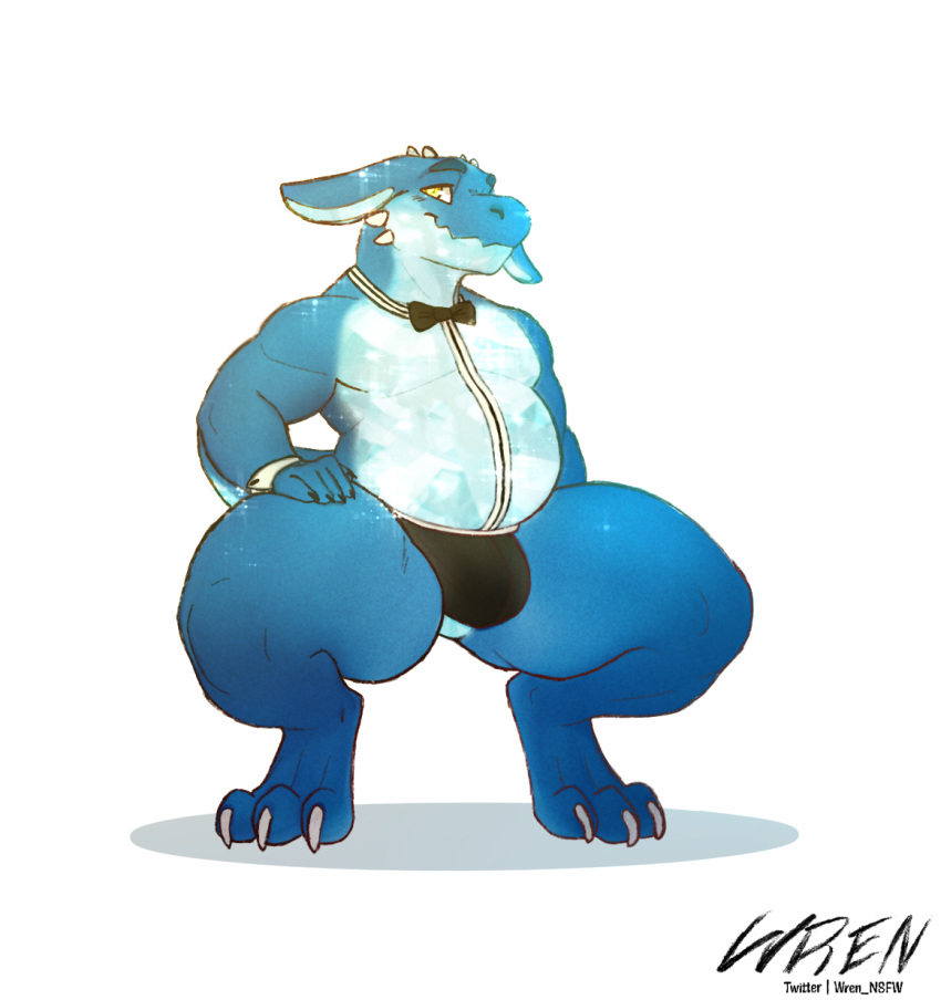 3_toes 5_fingers anthro belly big_butt blue_body blush bulge butt chubby_belly chubby_male claws clothed clothing crouching feet fingers front_view gem_eyes glistening glistening_body hi_res horn kobold looking_at_viewer male paws shaded smile solo tail thick_thighs toe_claws toes watermark wren_nsfw yellow_eyes