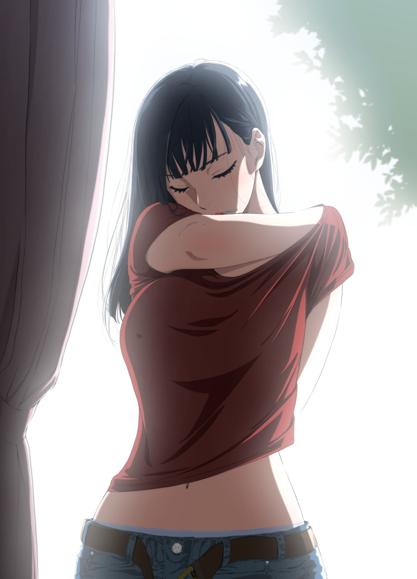 1girl absurdres adjusting_clothes backlighting belt black_belt black_hair blue_pants breasts closed_eyes closed_mouth commentary covered_nipples cowboy_shot curtains denim futago_imouto_(kakitama) hand_under_clothes hand_under_shirt highres indoors jeans kakitama large_breasts long_hair midriff mouth_hold navel open_belt original panties pants panty_peek red_shirt shirt short_sleeves solo standing straight_hair sunlight t-shirt toothpick underwear white_panties window