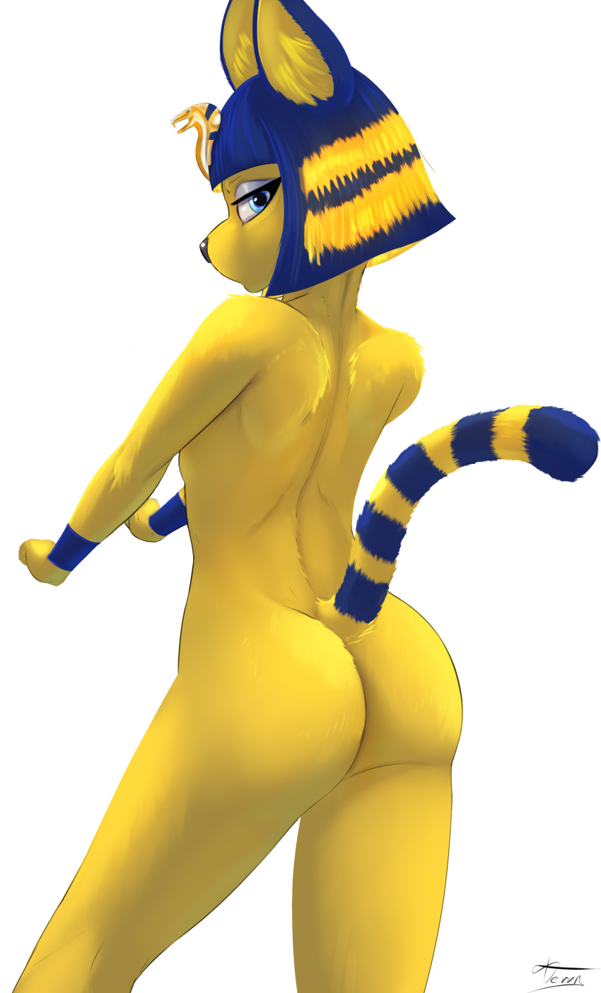 absurd_res animal_crossing ankha_(animal_crossing) anthro big_butt blue_eyes blue_hair breasts butt digital_media_(artwork) felid feline female ferrn fur hair hi_res looking_at_viewer mammal nintendo nude pantherine simple_background solo tail white_background yellow_body yellow_fur