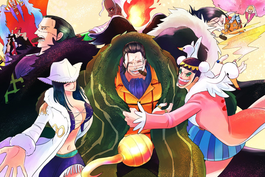 1girl 6+boys ascot birthday black_hair blonde_hair bon_clay breasts buggy_the_clown character_request cigar cleavage cowboy_hat crocodile_(one_piece) daz_bones donquixote_doflamingo dracule_mihawk eyeshadow feathered_wings feet_out_of_frame fighting_stance green_eyeshadow hair_slicked_back happy hat highres hook_hand hug jinbe_(one_piece) karate king_(one_piece) makeup male_focus multiple_boys navel nico_robin one_piece outstretched_arm perspective scar sengoku03100905 smile wings