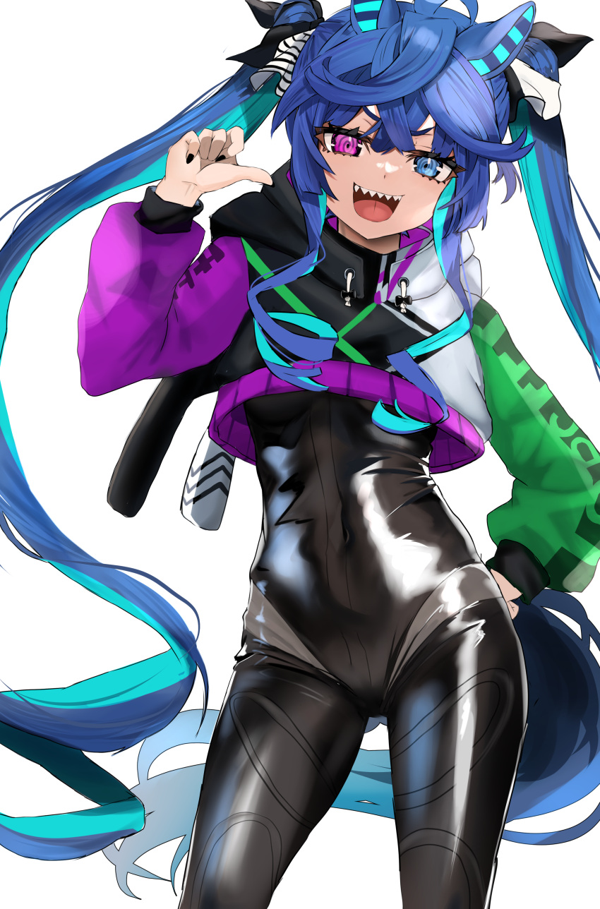 1girl :d @_@ absurdres ahoge animal_ears animal_hood aqua_hair black_bodysuit black_nails blue_eyes blue_hair bodysuit bow breasts cropped_hoodie crossed_bangs hair_bow hand_on_own_hip heterochromia highres hood hoodie horse_ears horse_girl horse_tail long_hair long_sleeves looking_at_viewer multicolored_hair open_mouth pink_eyes pointing pointing_at_self rabbit_hood sharp_teeth shiny_clothes simple_background smile solo striped striped_bow tail teeth toa510 tongue twin_turbo_(umamusume) twintails two-tone_hair umamusume underboob upper_teeth_only very_long_hair white_background