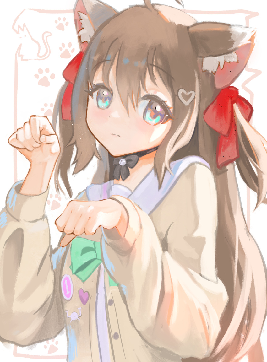 1girl absurdres ahoge animal_ear_fluff animal_ears aqua_eyes badge bell besidoesart black_bow blush bow bow_choker bowtie brown_hair button_badge cardigan cat cat_ears cat_girl closed_mouth collar green_bow green_bowtie hair_between_eyes hair_ornament hair_ribbon hairclip hand_up heart heart_hair_ornament highres indie_virtual_youtuber jingle_bell kemonomimi_mode long_hair long_sleeves neck_bell neuro-sama paw_pose paw_print paw_print_background red_ribbon ribbon sailor_collar shirt solo swarm_drone_(neuro-sama) two_side_up upper_body virtual_youtuber white_background white_sailor_collar white_shirt yellow_cardigan