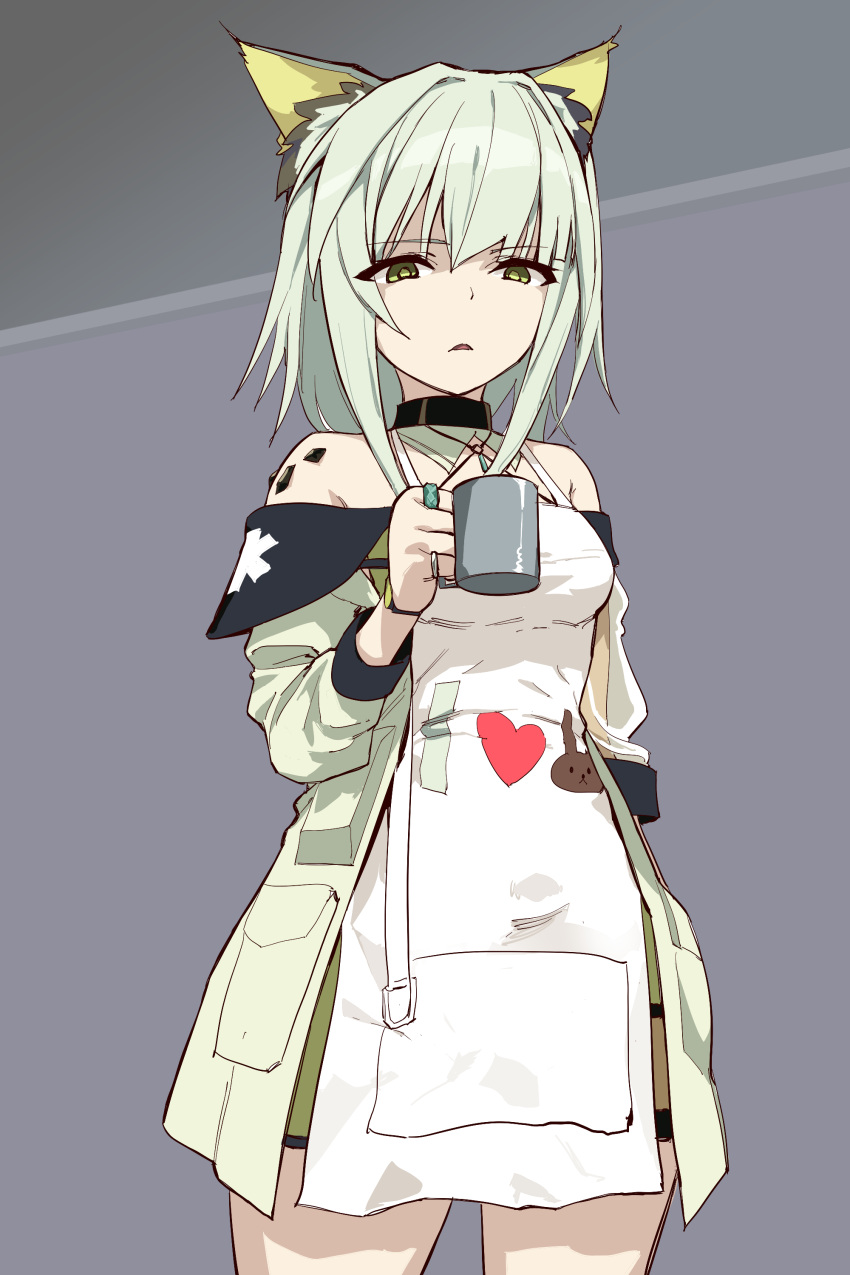 1girl absurdres amiya_(arknights) animal_ear_fluff animal_ears apron arknights bare_shoulders breasts cat_ears cat_girl commentary_request cowboy_shot cup dress green_dress green_eyes green_hair green_jacket grey_background heart highres holding holding_cup i_heart... infection_monitor_(arknights) jacket jewelry kal'tsit_(arknights) kinbakuman long_sleeves looking_at_viewer medium_breasts medium_hair multiple_rings off-shoulder_dress off_shoulder open_clothes open_jacket oripathy_lesion_(arknights) parted_lips ring sidelocks solo watch white_apron wristwatch