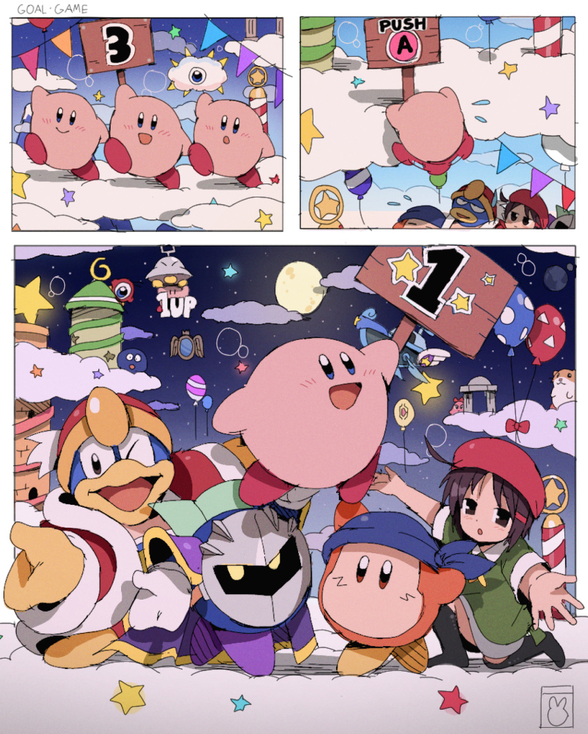 1up :d :o ;d adeleine ahoge aircraft airship arm_up armor arms_up balloon bandana bandana_waddle_dee bendedede beret blue_bandana blue_eyes blush bow brown_eyes brown_hair castle chuchu_(kirby) closed_mouth cloud collared_shirt commentary day dimension_mirror english_commentary flying_sweatdrops full_moon fur-trimmed_jacket fur_trim gooey_(kirby) green_shirt grey_skirt hair_ornament hairclip hat highres holding holding_sign jacket jumping king_dedede kirby kirby_(series) kracko long_sleeves looking_at_viewer lor_starcutter mask meta_knight mirror moon night night_sky on_cloud on_one_knee one-eyed one_eye_closed open_clothes open_jacket open_mouth outstretched_arm outstretched_arms parted_bangs pauldrons pennant red_bow red_headwear red_jacket rick_(kirby) shirt short_hair short_sleeves shoulder_armor sidelocks sign skirt sky smile spikes spread_arms star_(sky) starry_sky string_of_flags tower ufo ufo_(kirby) waddle_doo yellow_eyes