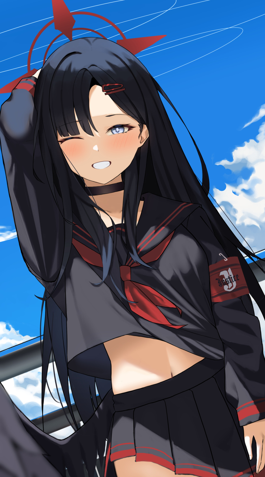 1girl absurdres black_hair black_sailor_collar black_serafuku black_skirt black_wings blue_archive blush cowboy_shot feathered_wings grey_eyes grin hair_ornament hairclip halo highres ichika_(blue_archive) long_hair long_sleeves looking_at_viewer low_wings murding navel neckerchief one_eye_closed pleated_skirt red_halo red_neckerchief sailor_collar school_uniform serafuku skirt smile solo wings